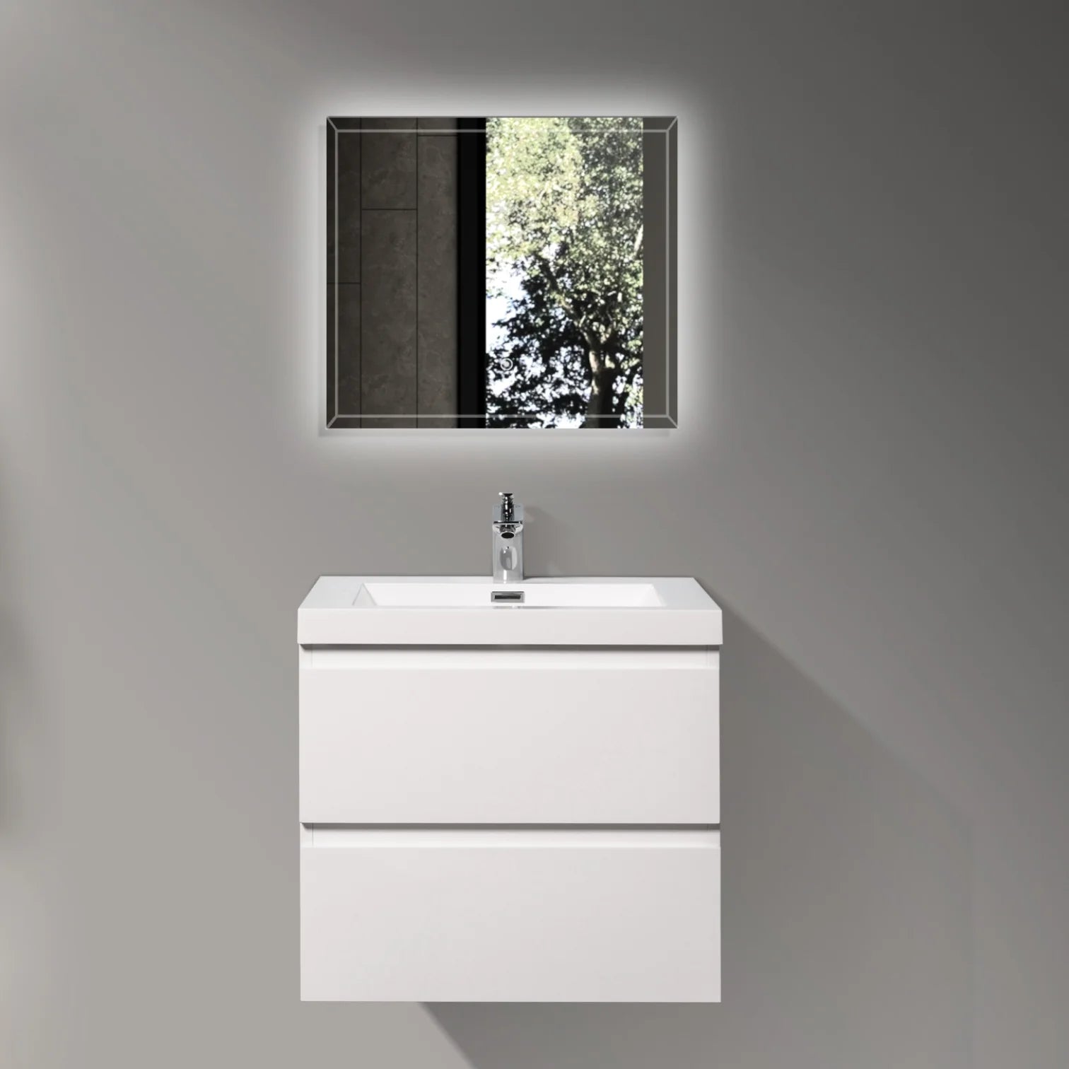 24" Glossy White Floating Bathroom Vanity with Stone Countertop