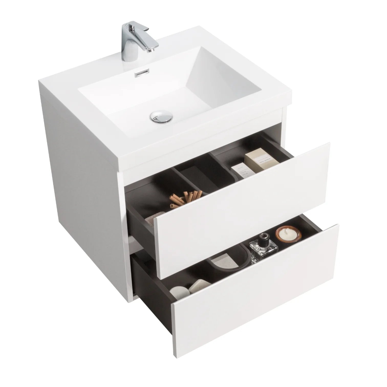 24" Glossy White Floating Bathroom Vanity with Stone Countertop