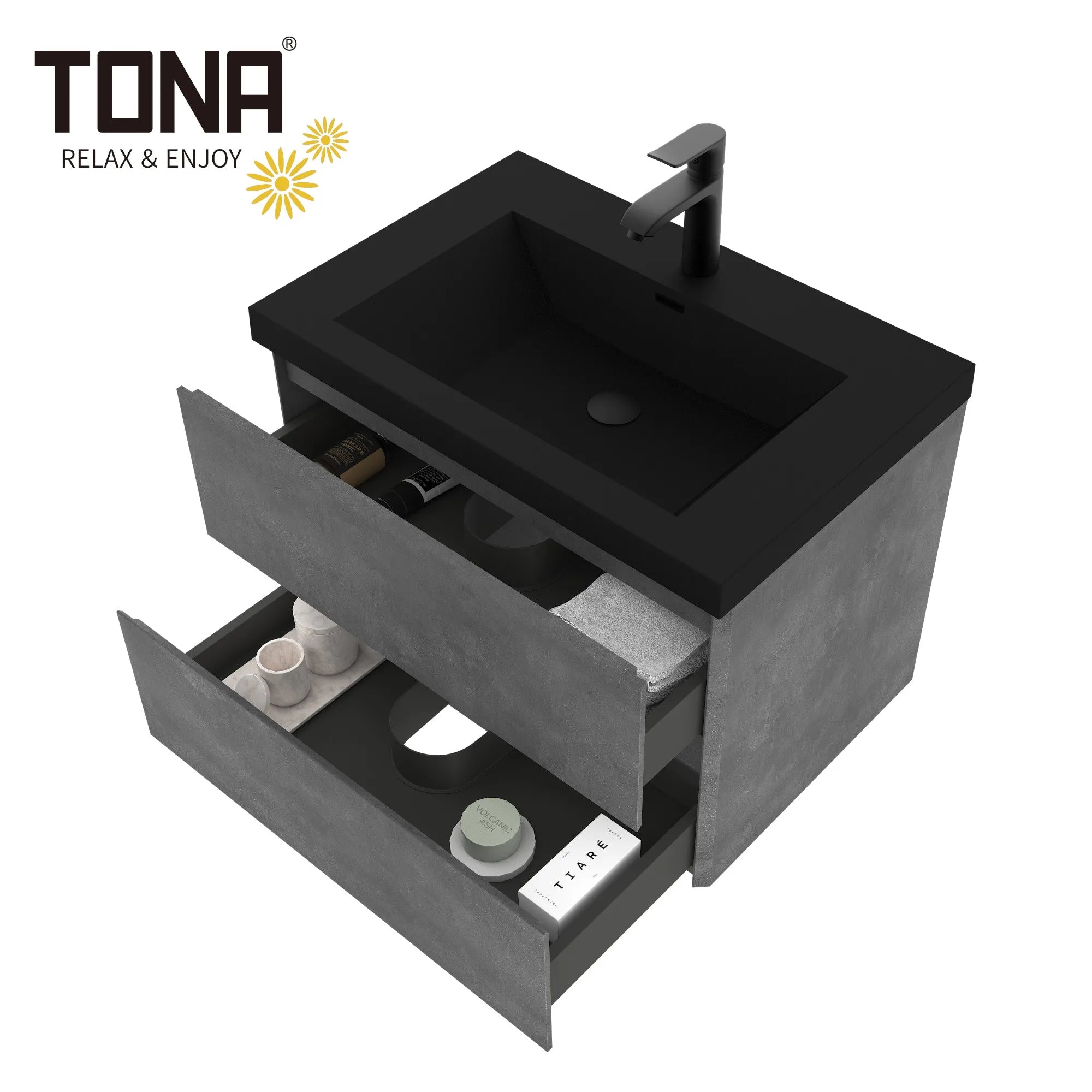 30" Cement Grey Bathroom Vanity with Black Quartz Top