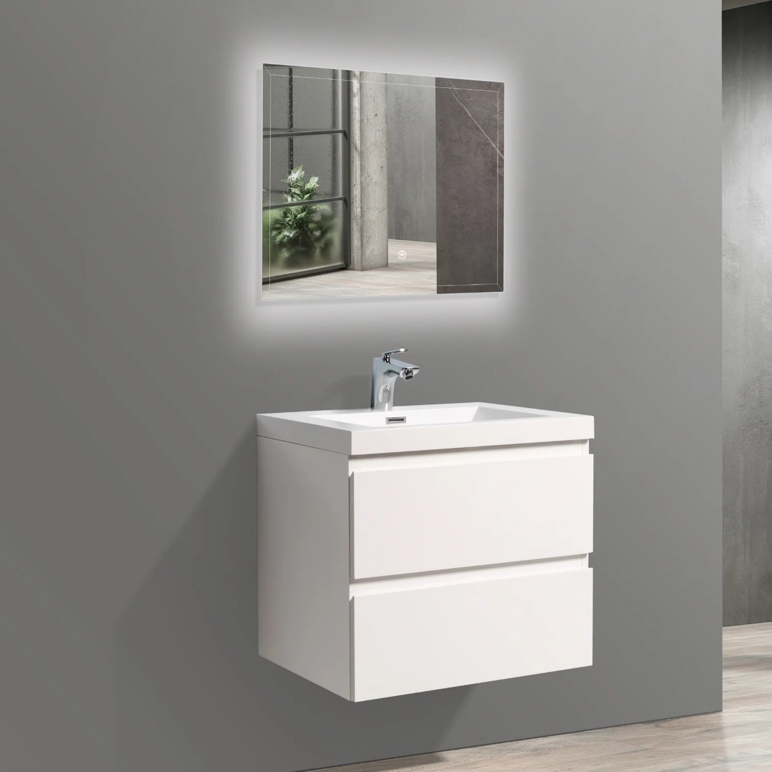 24" Glossy White Floating Bathroom Vanity with Stone Countertop