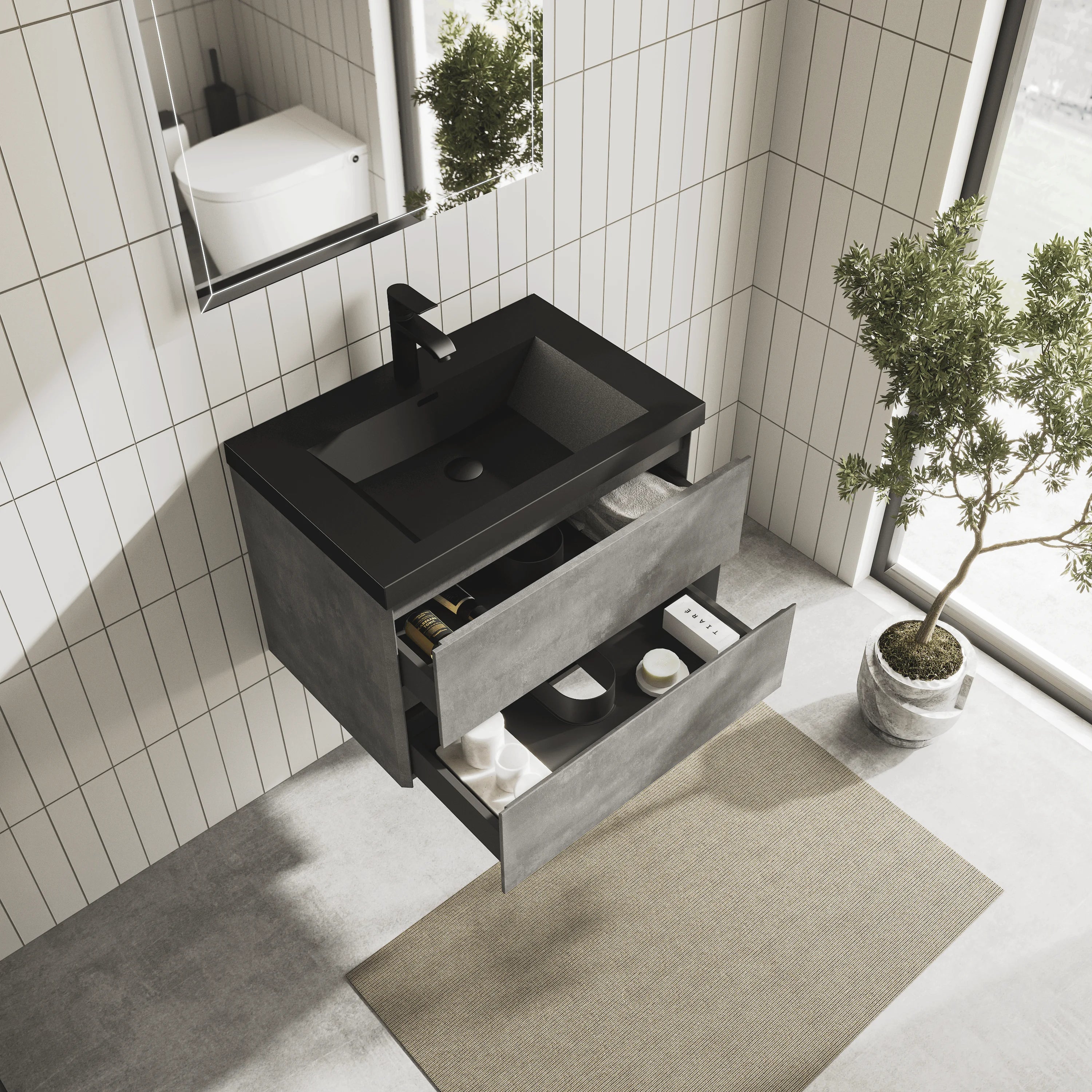 30" Cement Grey Bathroom Vanity with Black Quartz Top