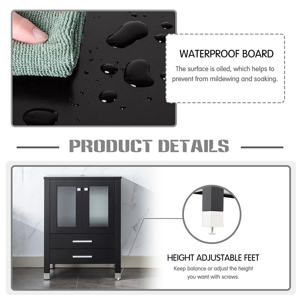 24" Black MDF Double Drawer Bathroom Vanity