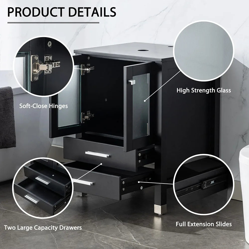 24" Black MDF Double Drawer Bathroom Vanity