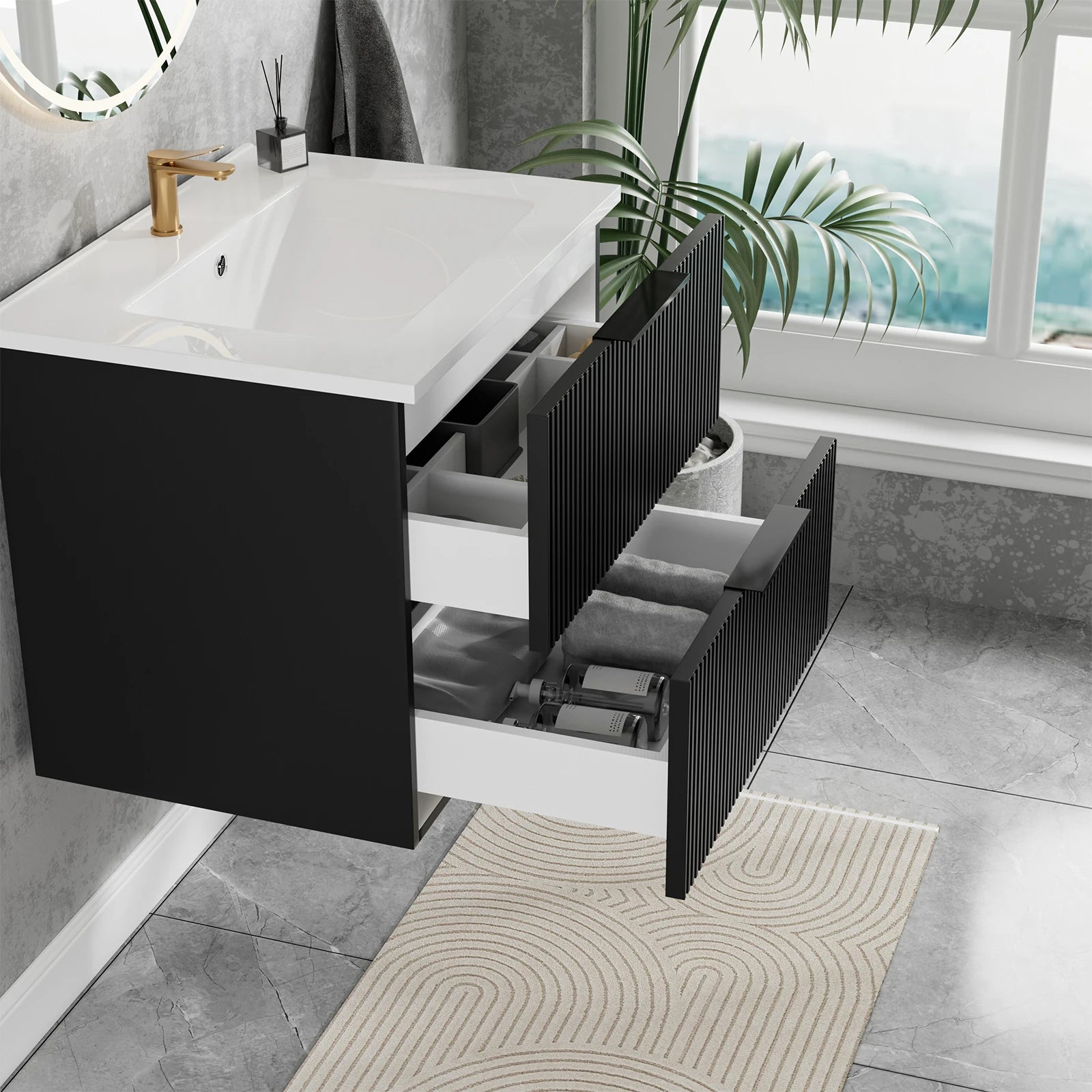 24" Matte Black Wall-Mounted Vanity with Ceramic Sink