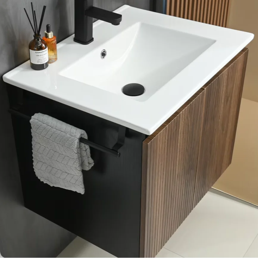 24" Floating Storage Cabinet with Black Towel Rack