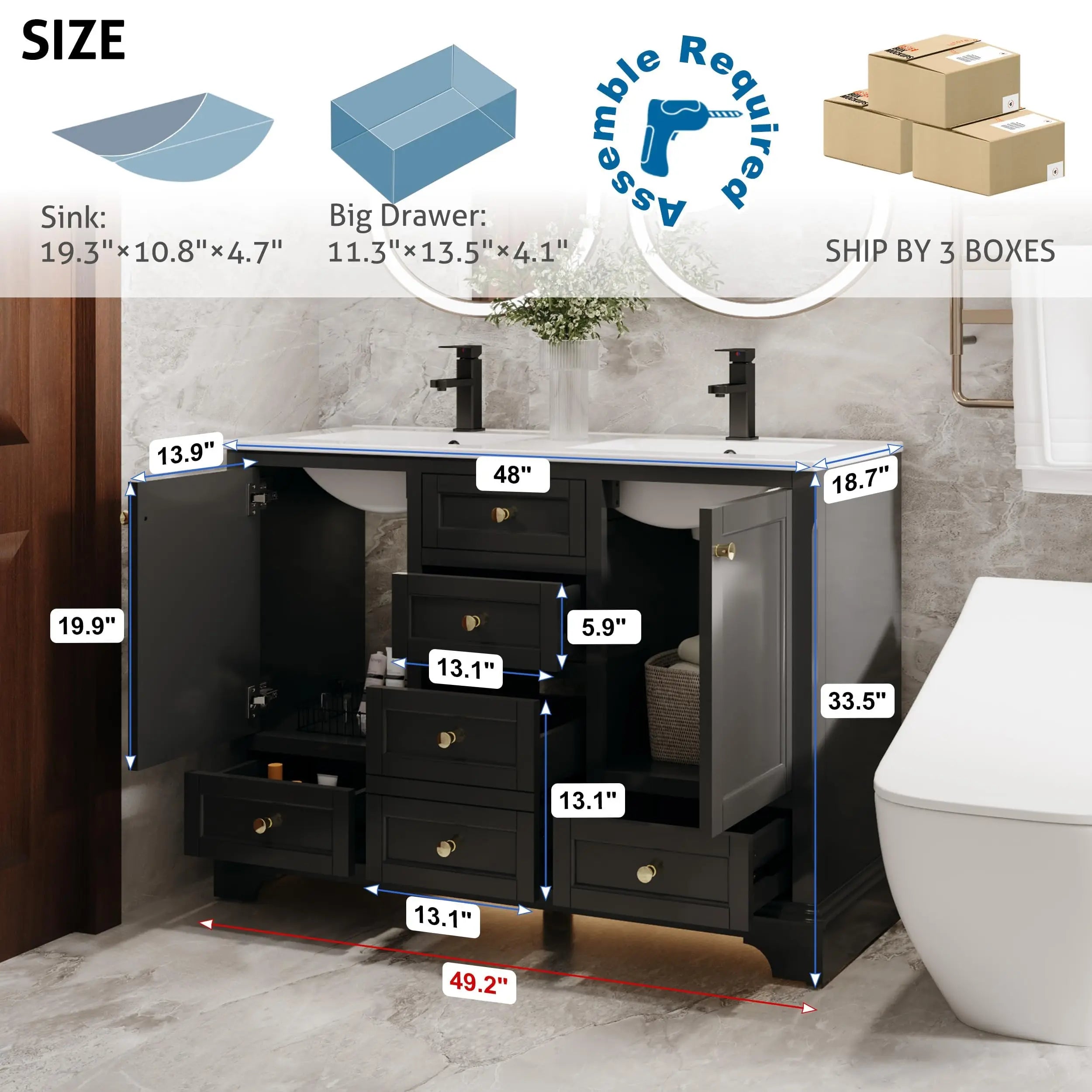 48" Raised Arch Feet Soft-Close Bathroom Vanity