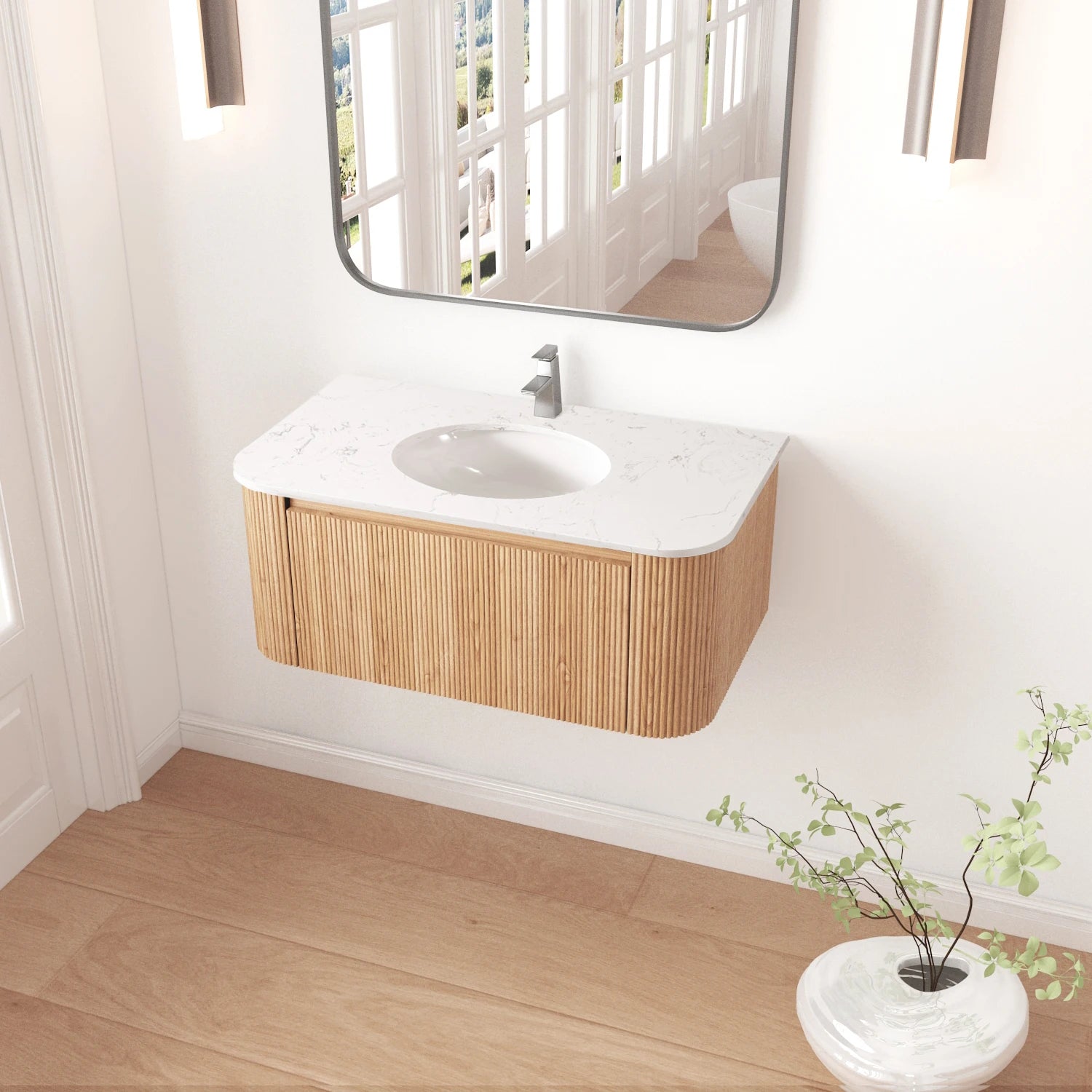 36"/42" Floating Curved Wall-Mounted Bathroom Cabinet