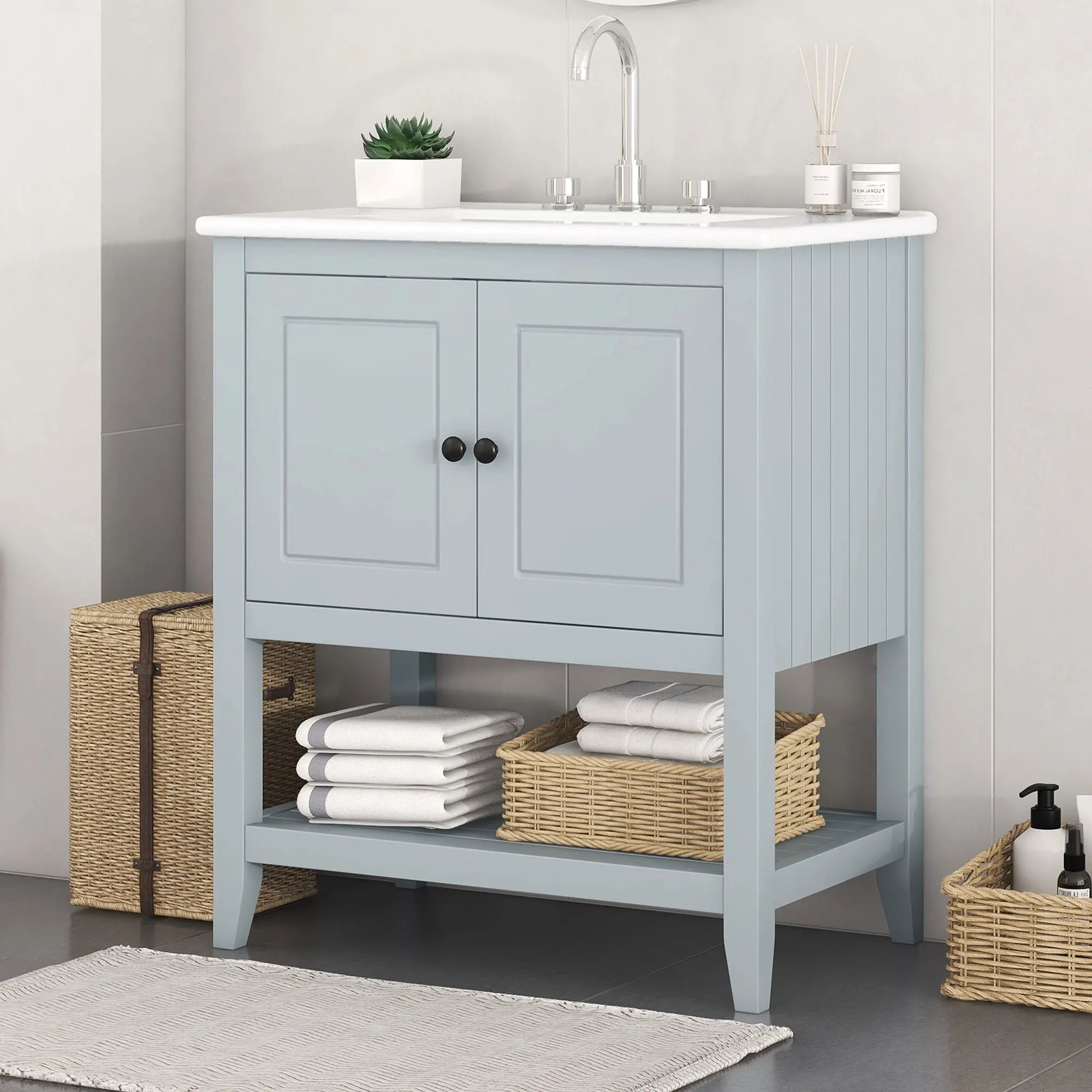 36" Black Bathroom Vanity with Sink, Doors, and Drawers