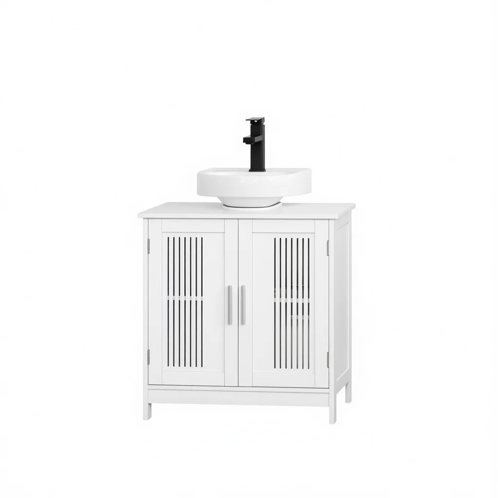 White Bathroom Vanity Cabinet with Ceramic Basin & Adjustable Shelf