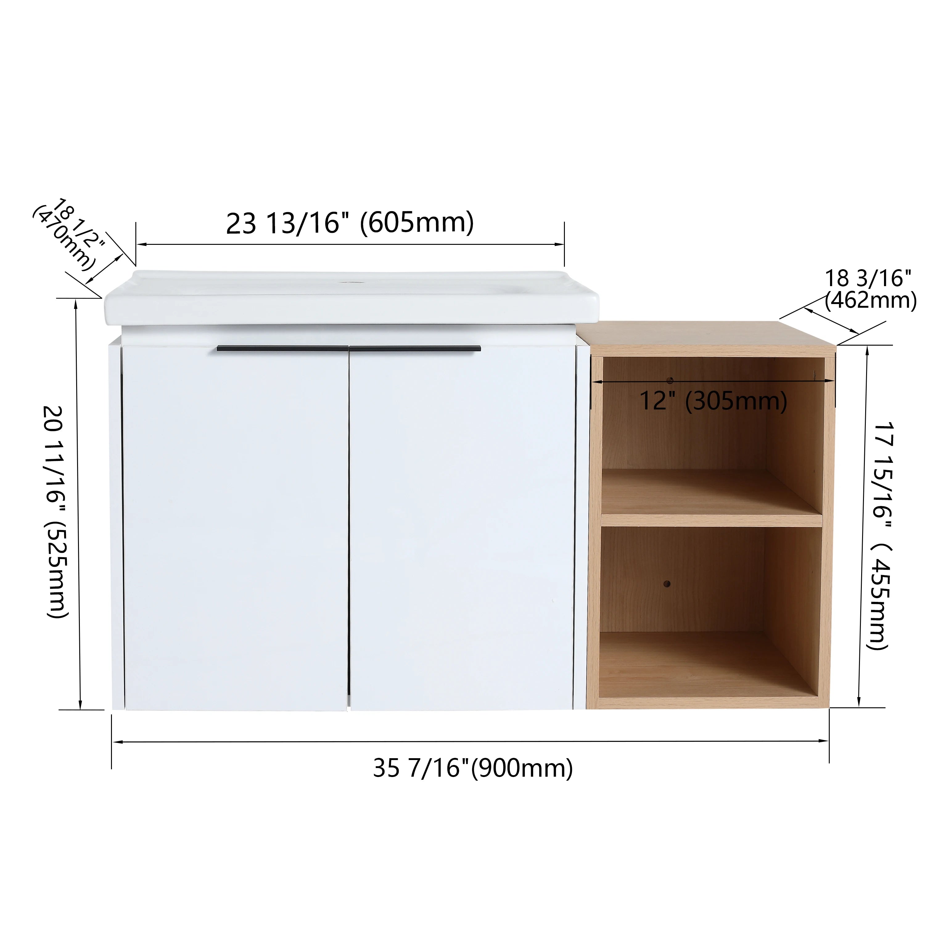 36" White Wall-Mounted Plywood Vanity with Integrated Sink