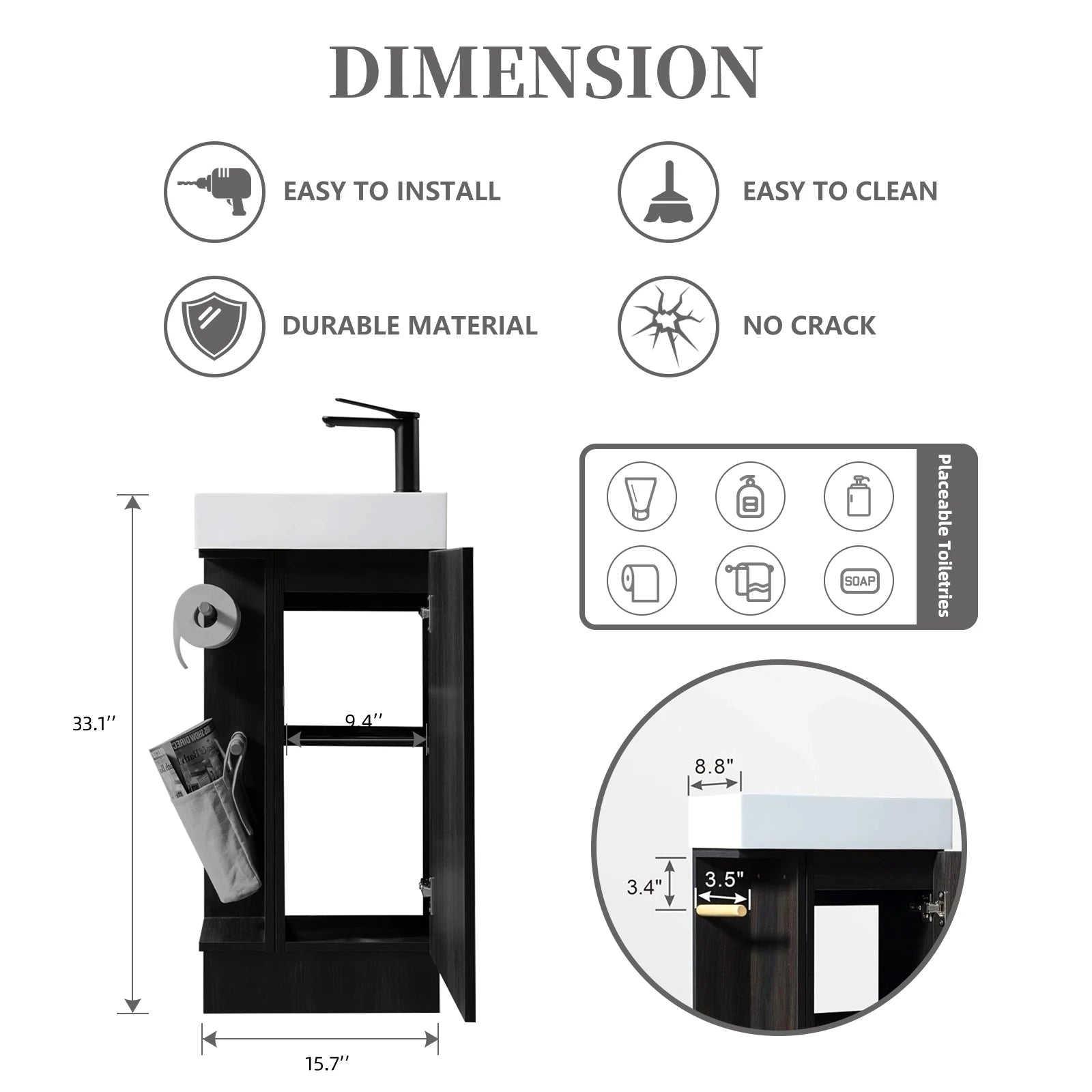 16" Black Walnut Small Bathroom Vanity
