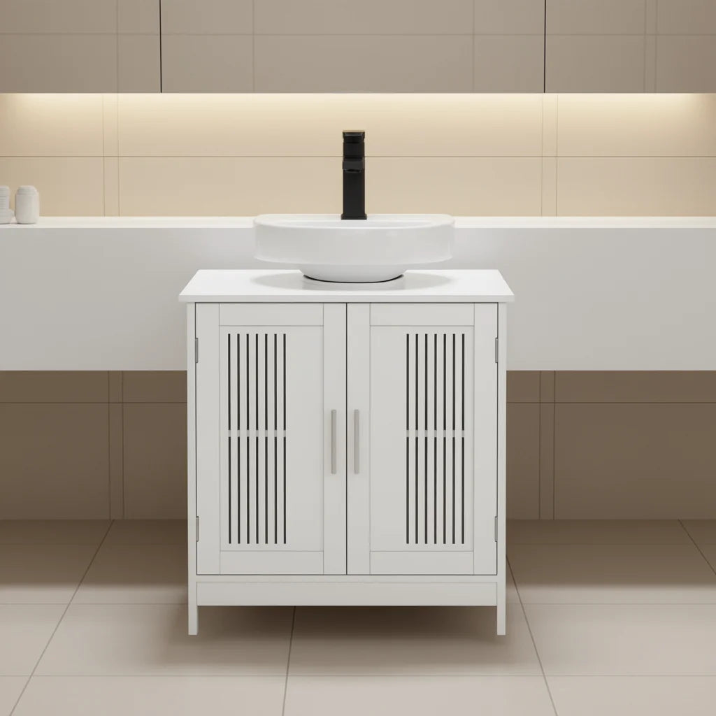 White Bathroom Vanity Cabinet with Ceramic Basin & Adjustable Shelf