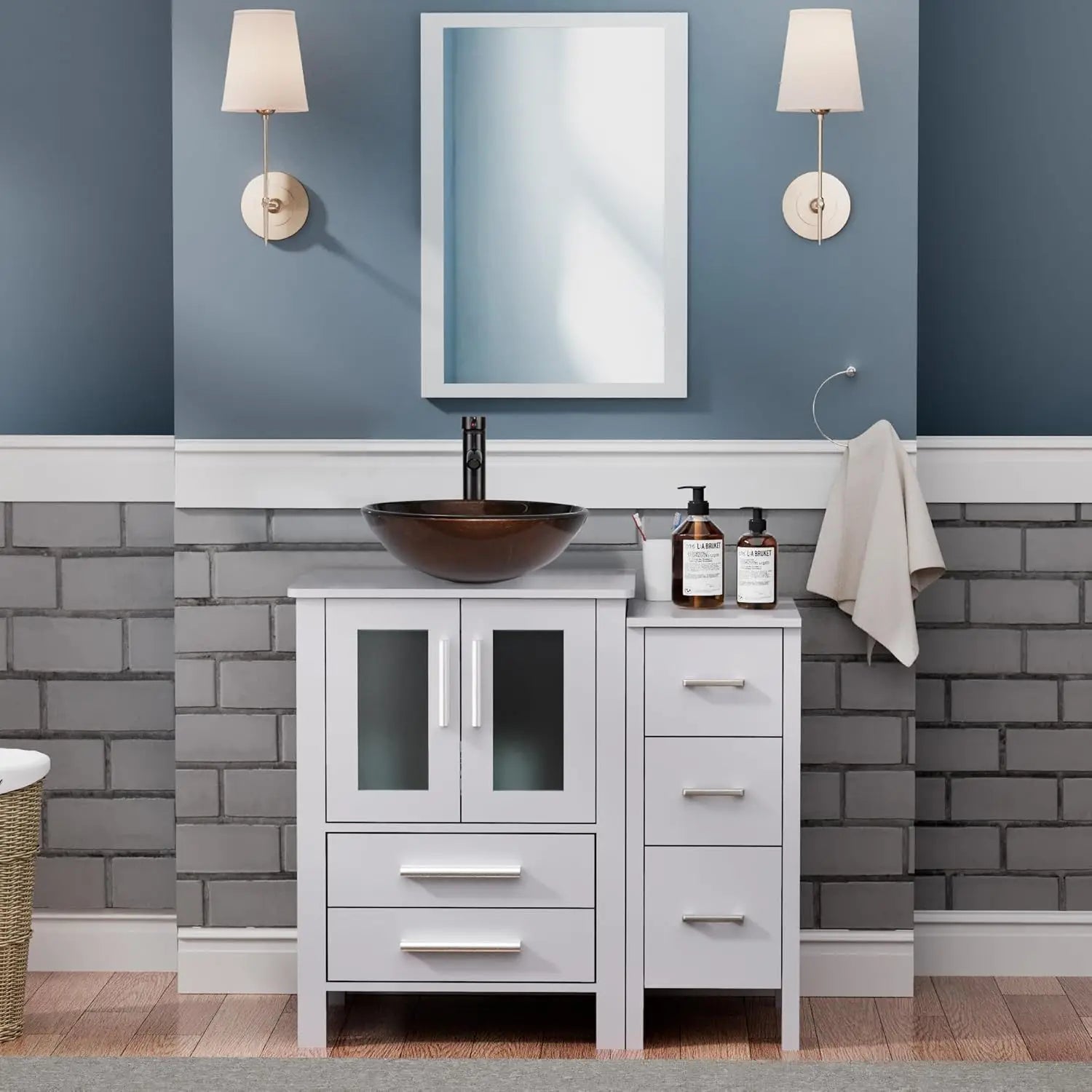 36" Grey Bathroom Vanity with Vessel Sink and Side Drawers