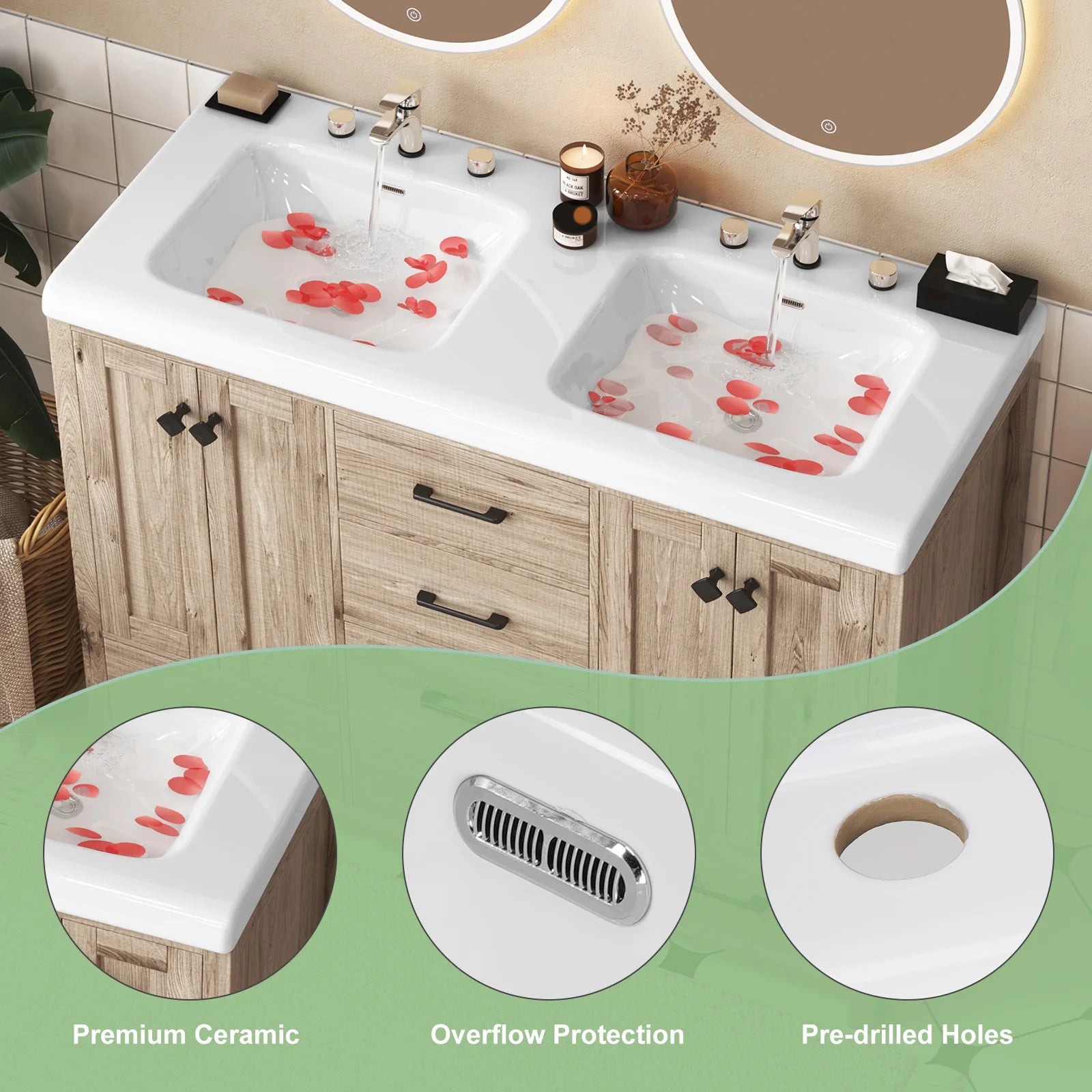 47" Double Bathroom Vanity with Ceramic Sinks and Drawers