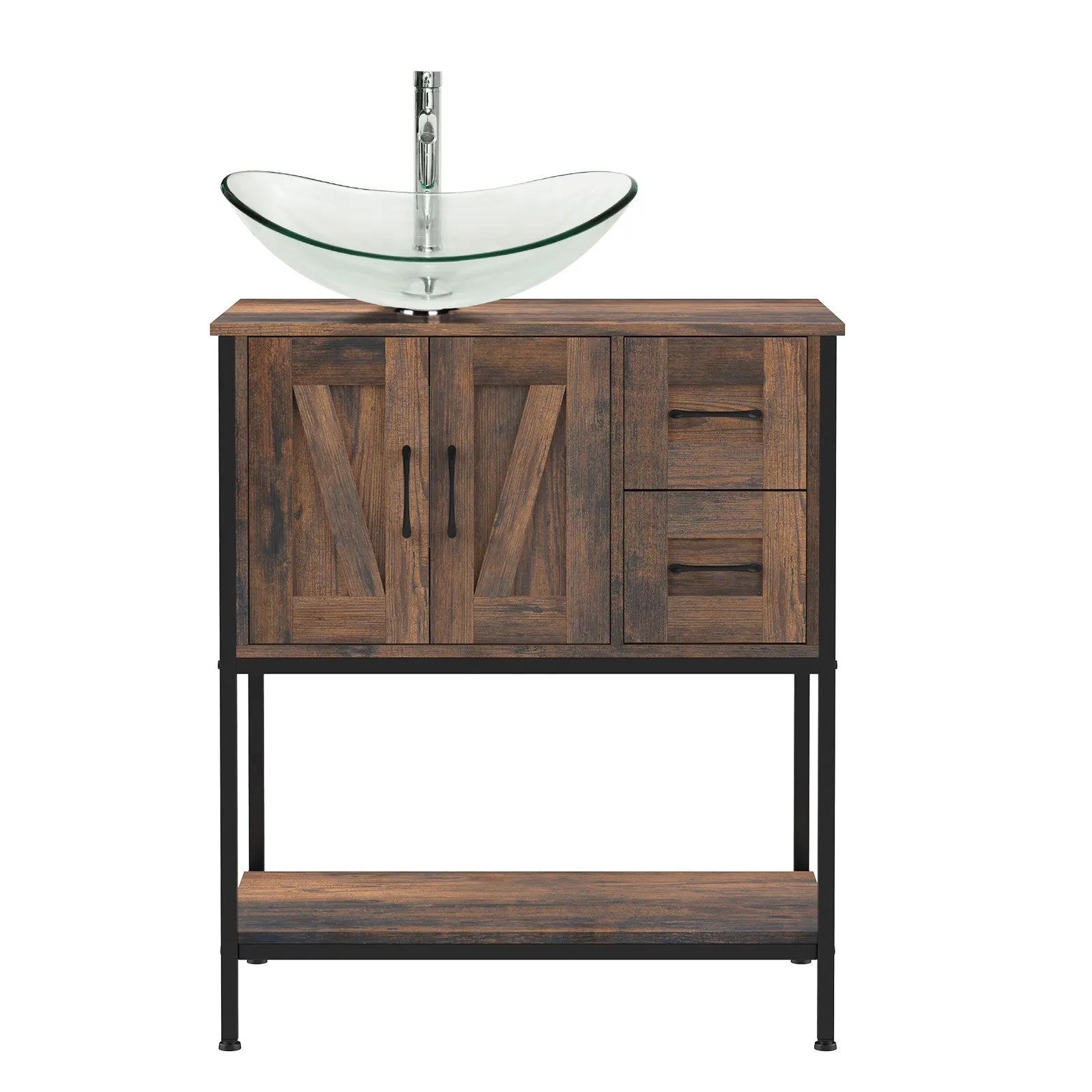 30" Modern Bathroom Vanity with Vessel Sink, 2 Drawers & Open Shelf