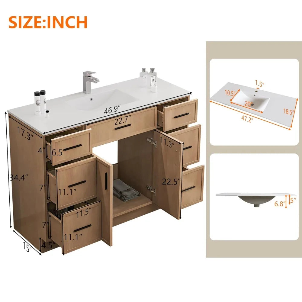 48" Farmhouse Bathroom Vanity with Sink and 6 Drawers