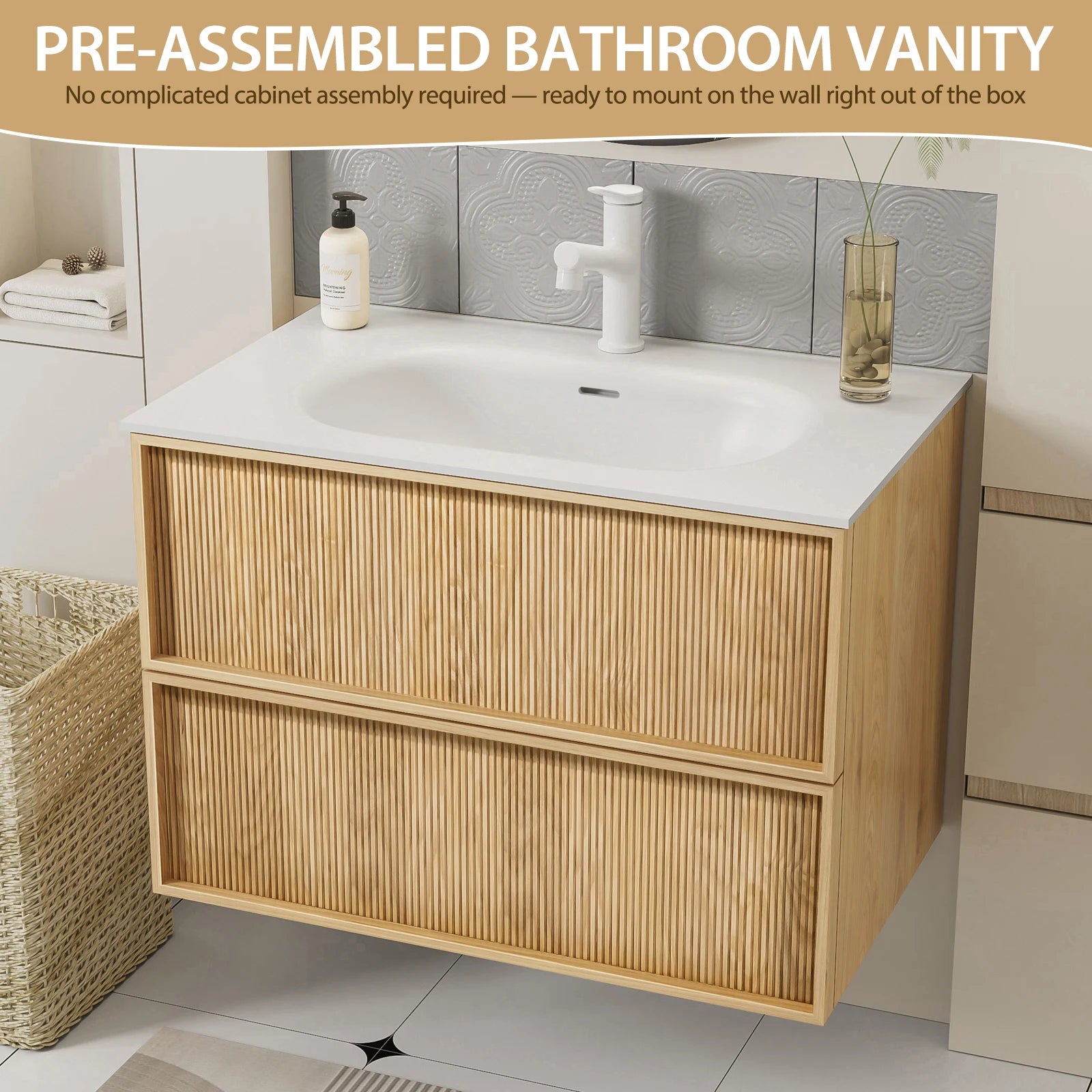 32" Floating Bathroom Vanity with White Stone Sink