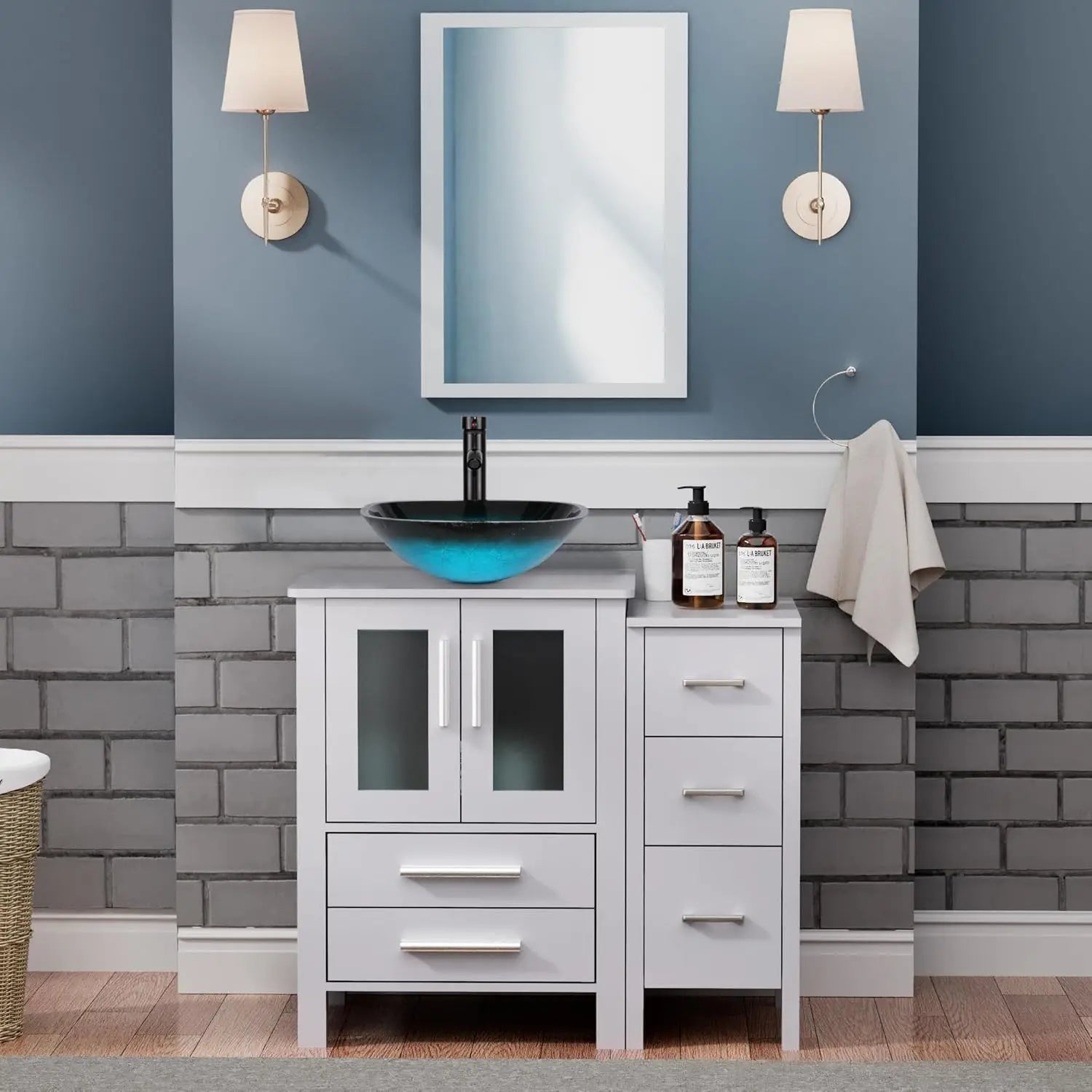 36" Grey Bathroom Vanity with Vessel Sink and Side Drawers