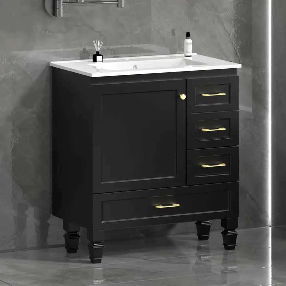 48" Black Freestanding Bathroom Vanity with Sink and 4 Drawers