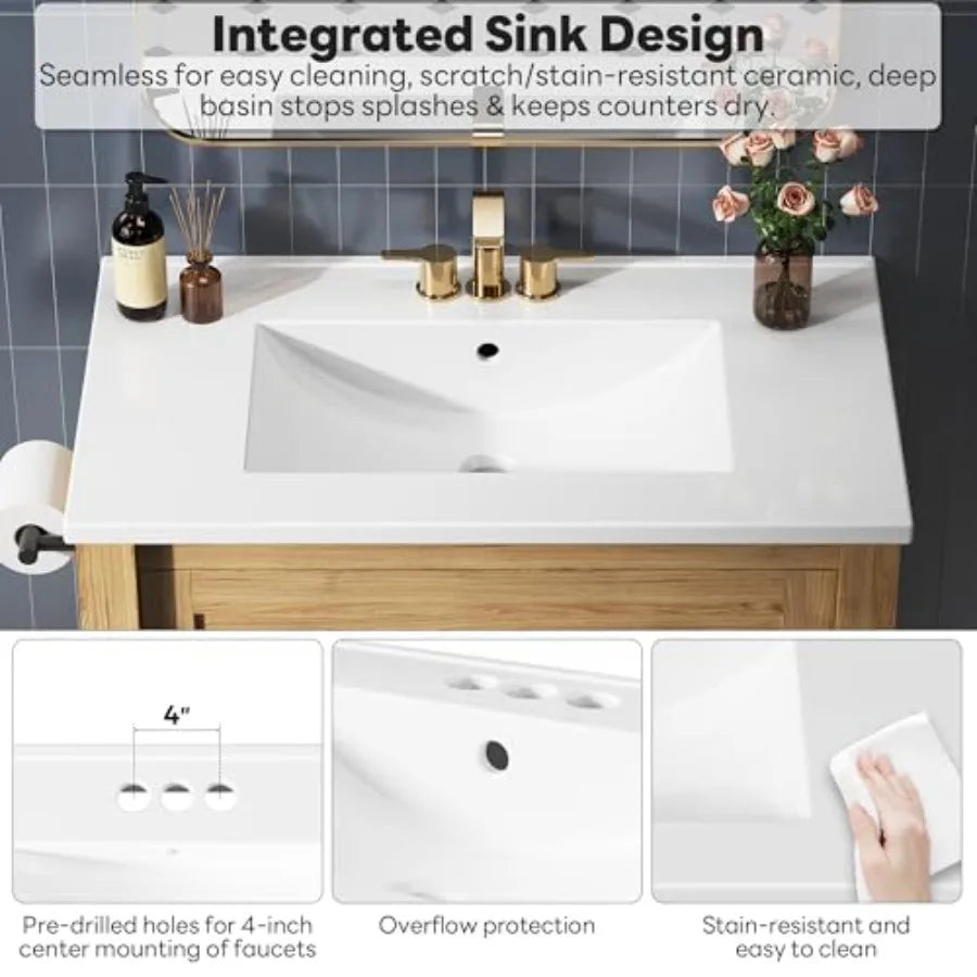 30" Bathroom Vanity with Sink and Adjustable Wood Legs