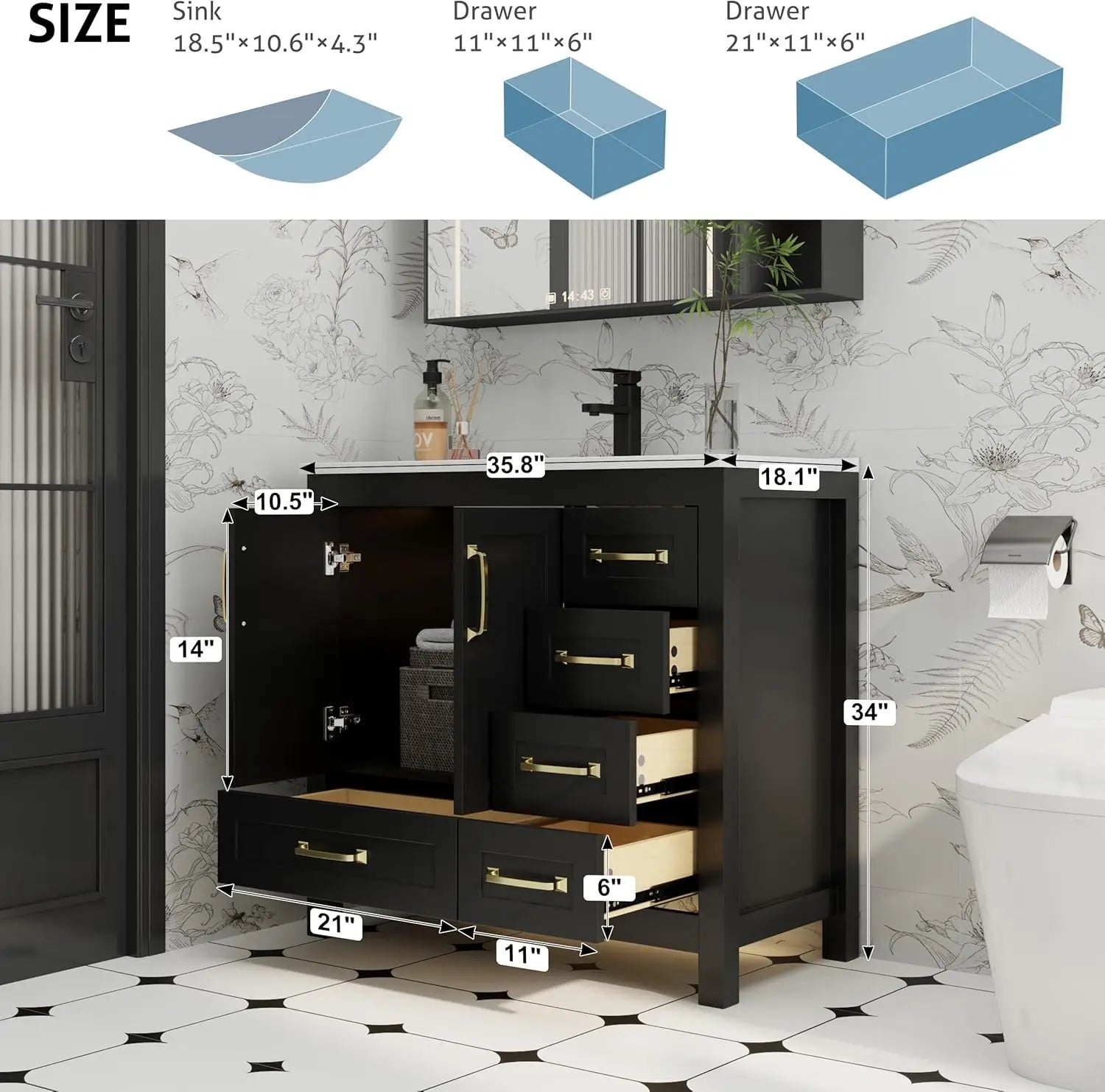 36" Black Bathroom Vanity with Undermount Sink and Matte Black Faucet