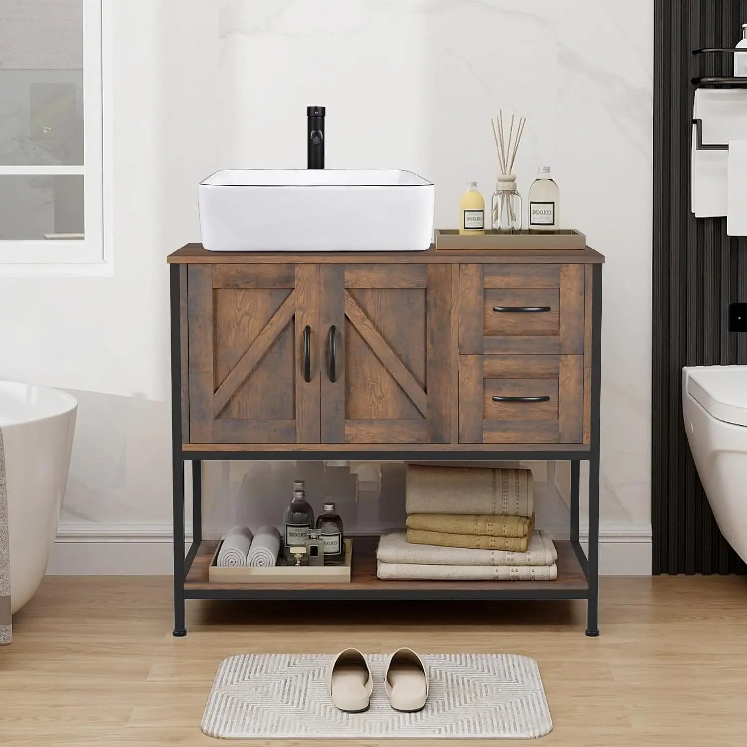 36" Rustic Farmhouse Bathroom Vanity with Ceramic Vessel Sink