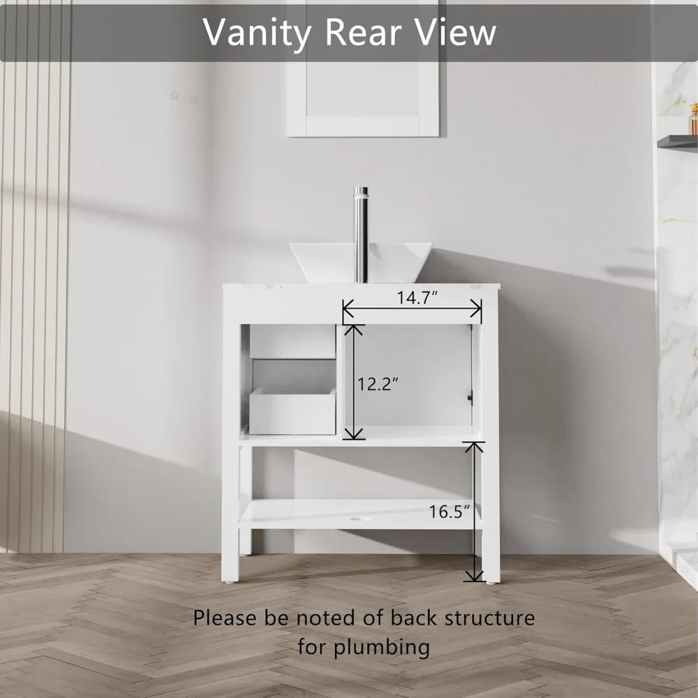 30" White Bathroom Vanity with Vessel Sink, Faucet, and Mirror