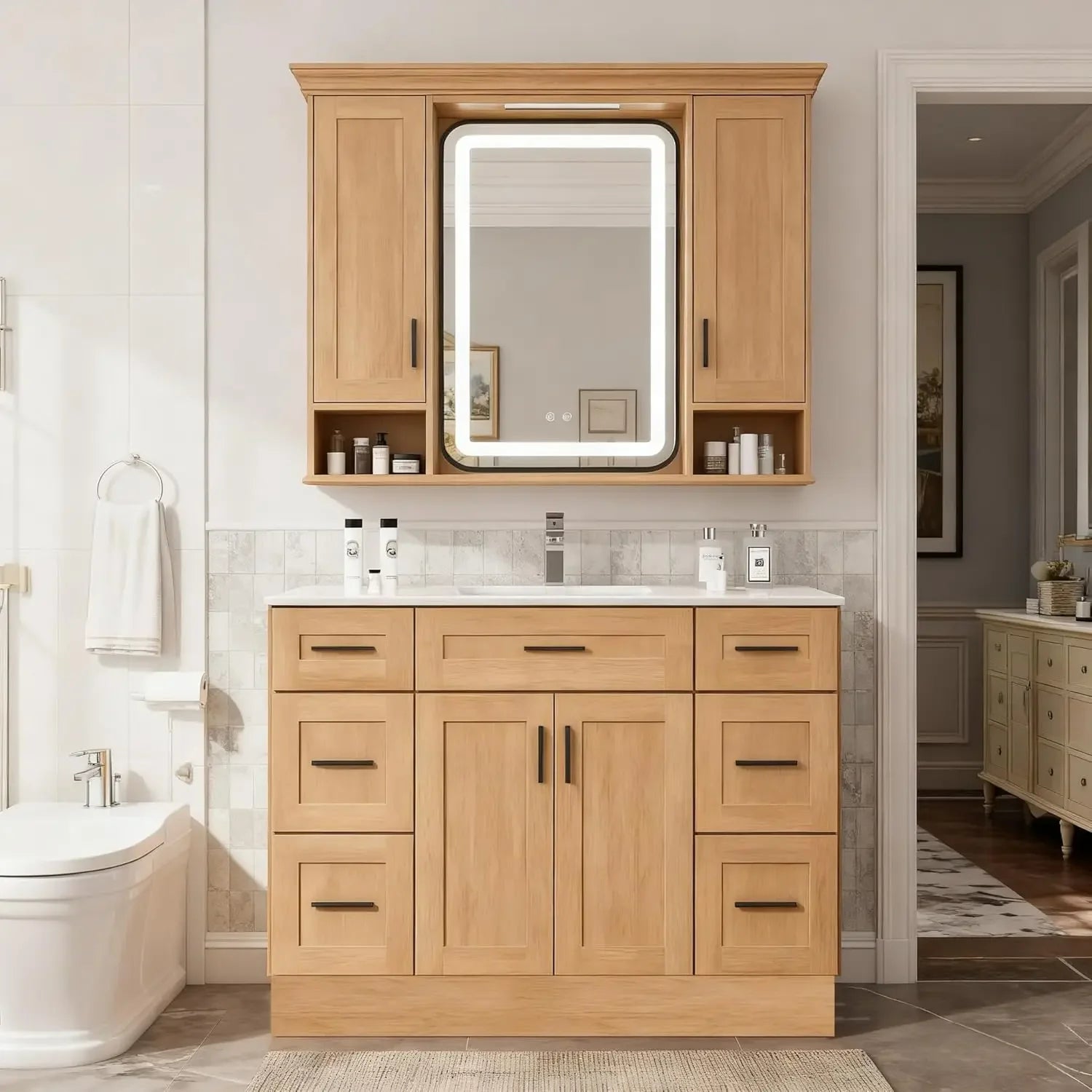 48" Solid Wood Bathroom Vanity with Ceramic Sink and 6 Drawers