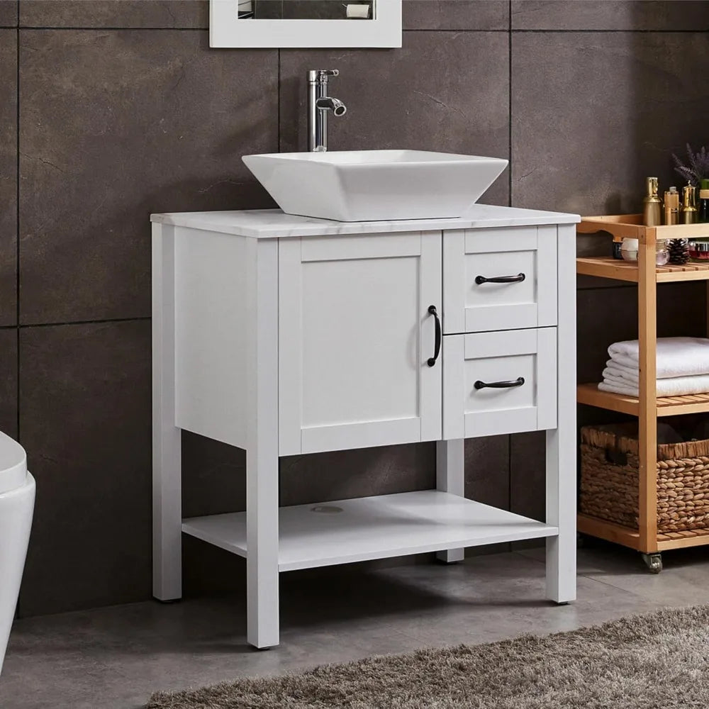 30" White Bathroom Vanity with Vessel Sink, Faucet, and Mirror