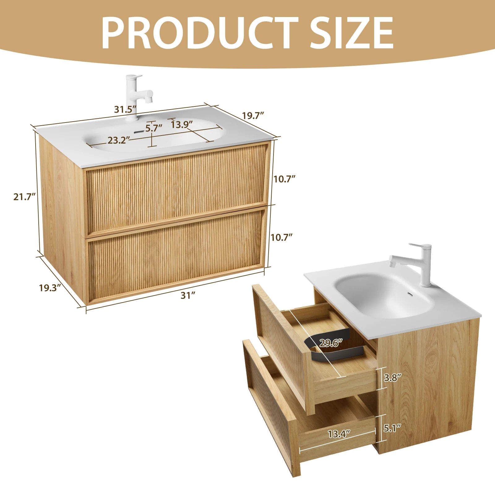 32" Floating Bathroom Vanity with White Stone Sink