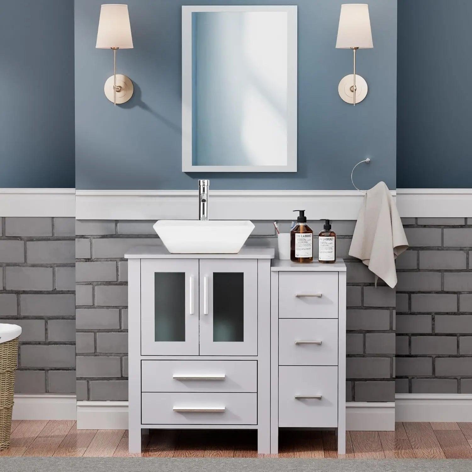 36" Grey Bathroom Vanity with Vessel Sink and Side Drawers