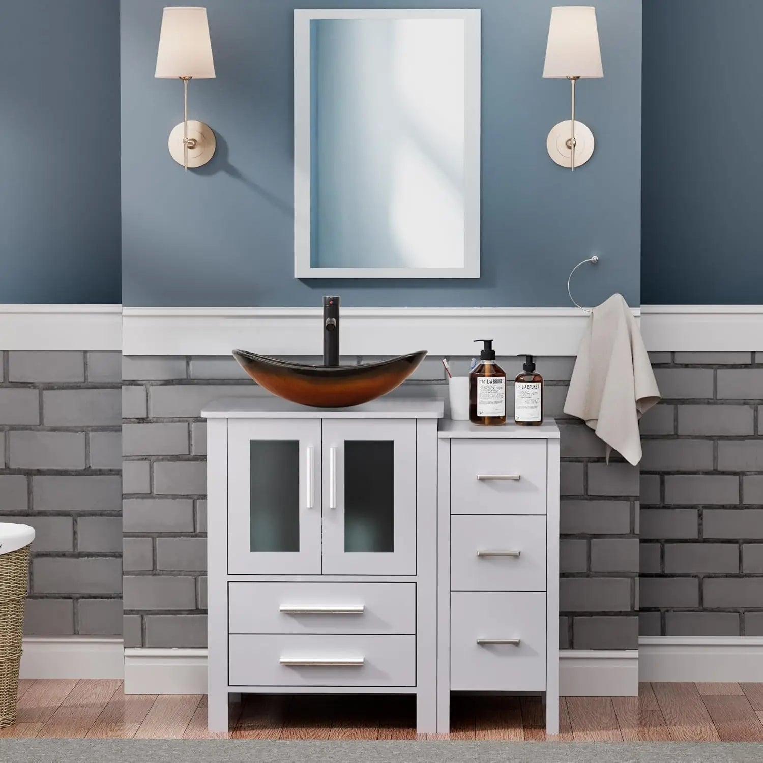 36" Grey Bathroom Vanity with Vessel Sink and Side Drawers