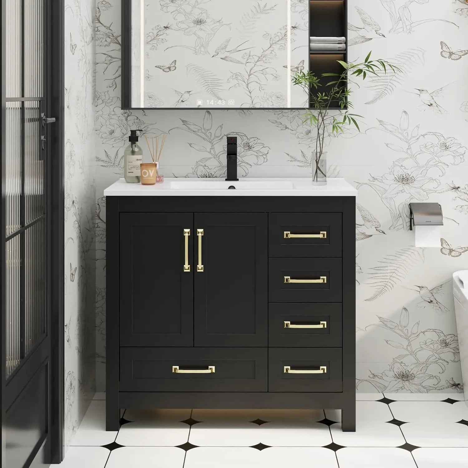 36" Black Bathroom Vanity with Undermount Sink and Matte Black Faucet