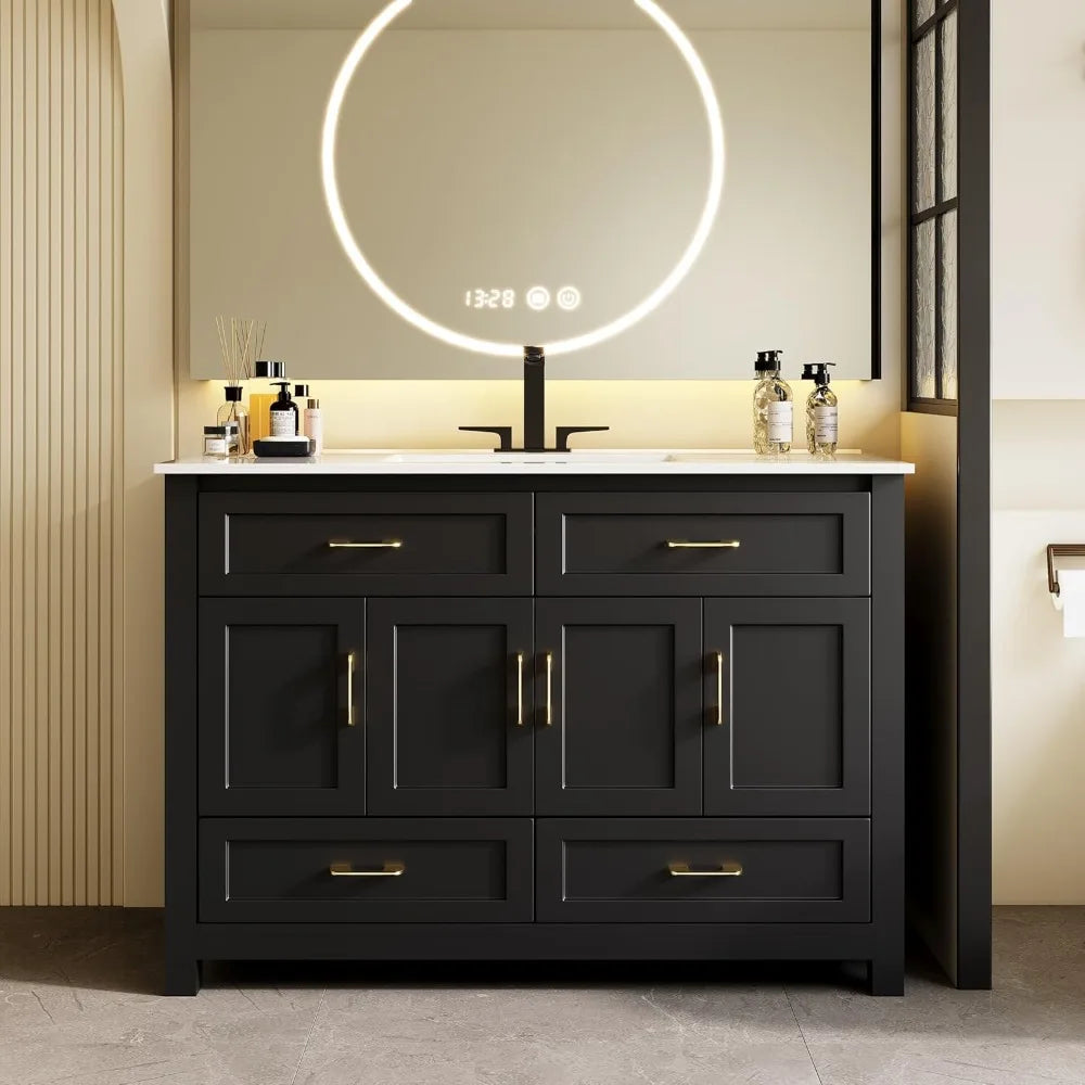 48" Black Freestanding Bathroom Vanity with Sink and 4 Drawers