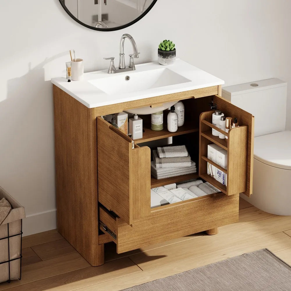 30" Modern Bathroom Vanity with Ceramic Sink, Natural Wood Grain