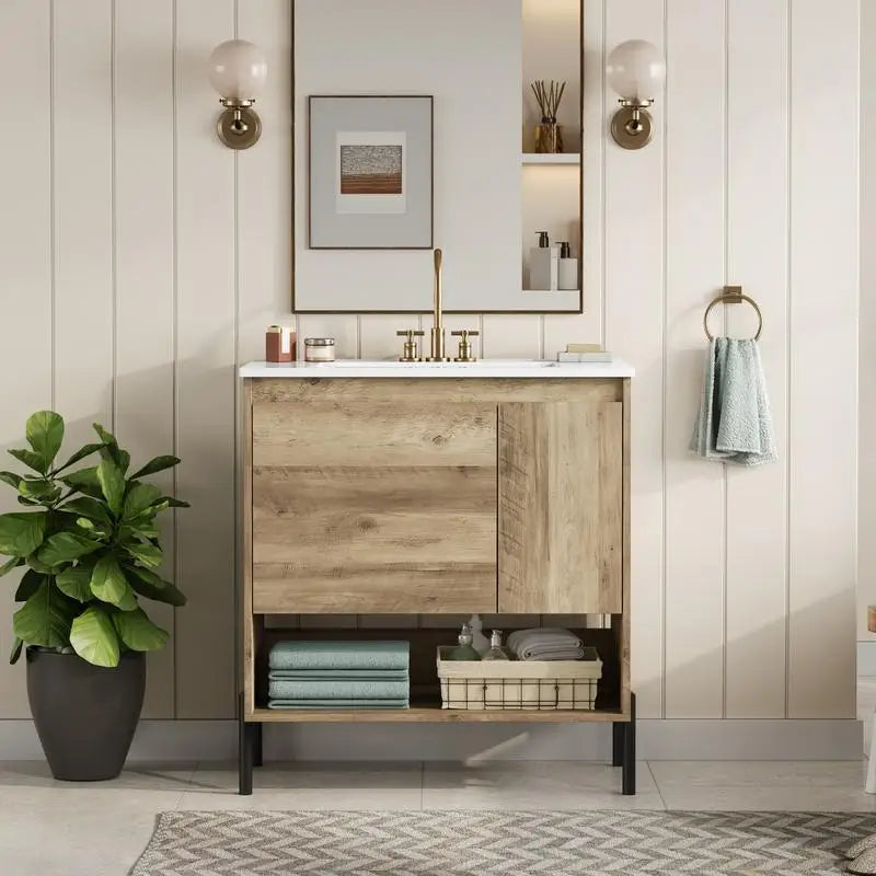 30" Modern Wood Bathroom Vanity with Sliding Drawer, Open Shelf & Ceramic Sink