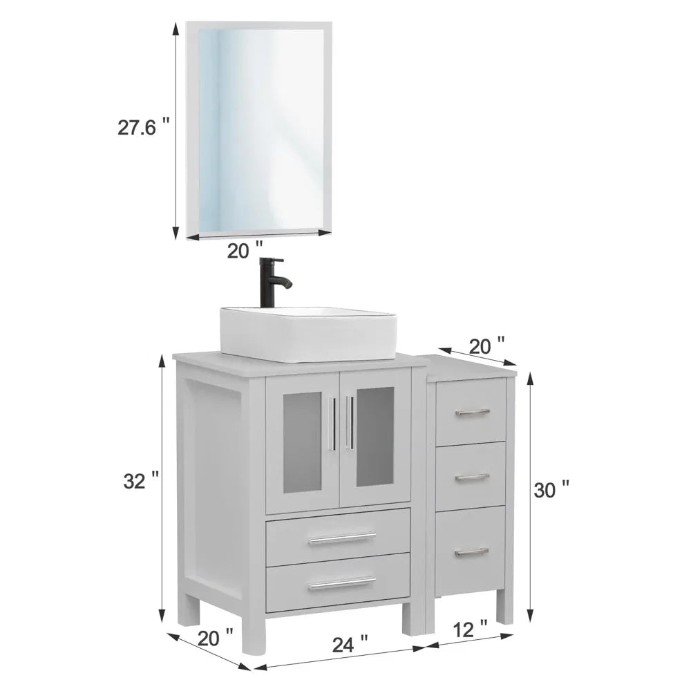36" Grey Bathroom Vanity with Vessel Sink and Side Drawers