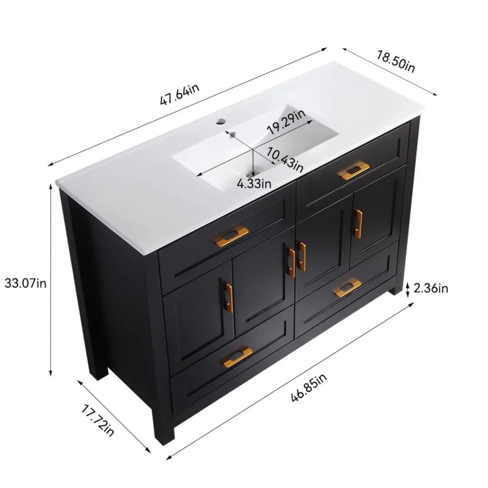 48" Black Freestanding Bathroom Vanity with Sink and 4 Drawers