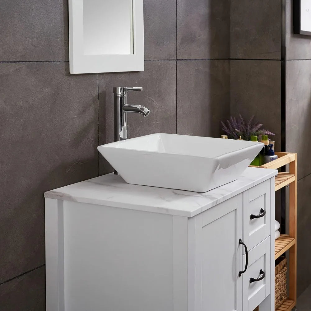 30" White Bathroom Vanity with Vessel Sink, Faucet, and Mirror