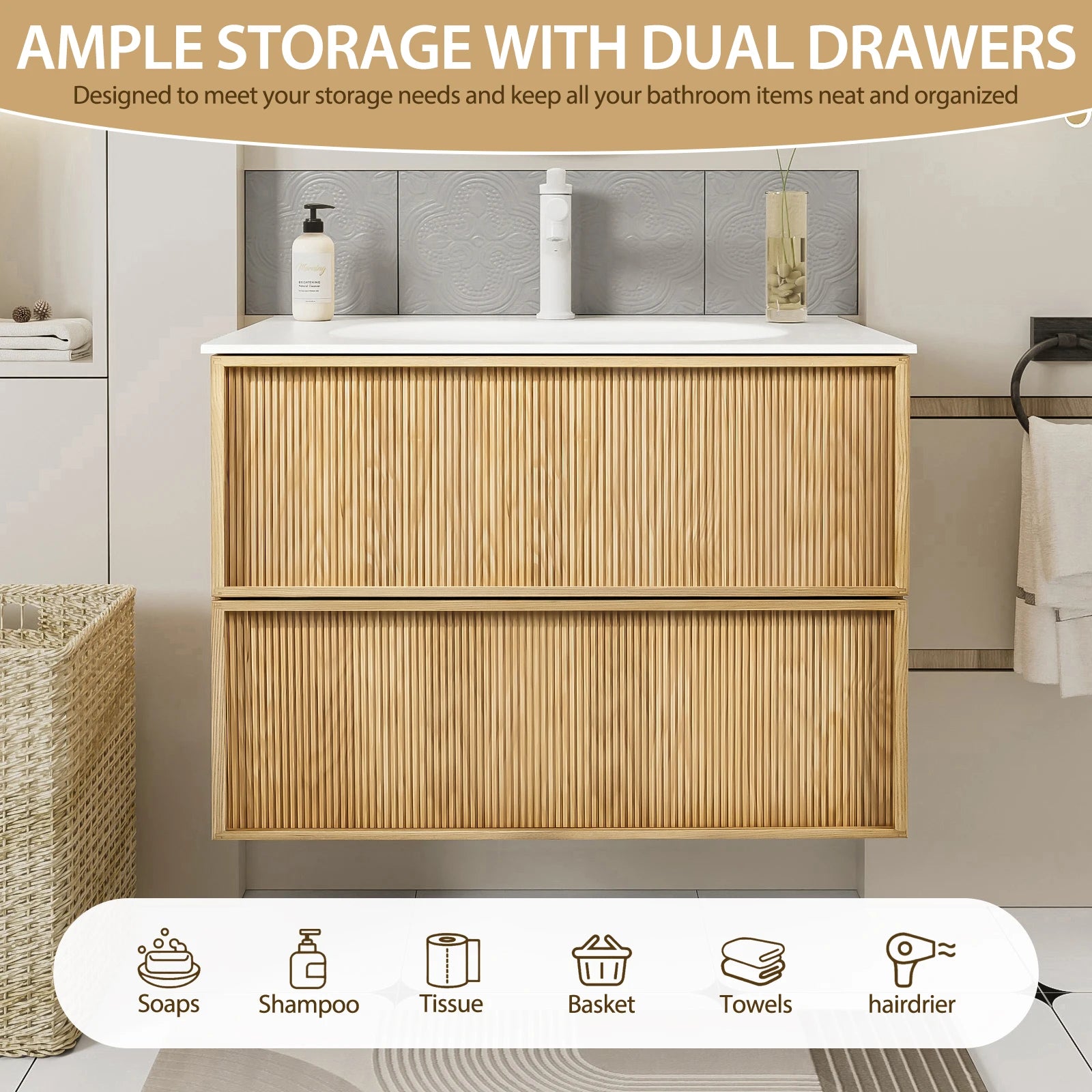 32" Floating Bathroom Vanity with White Stone Sink