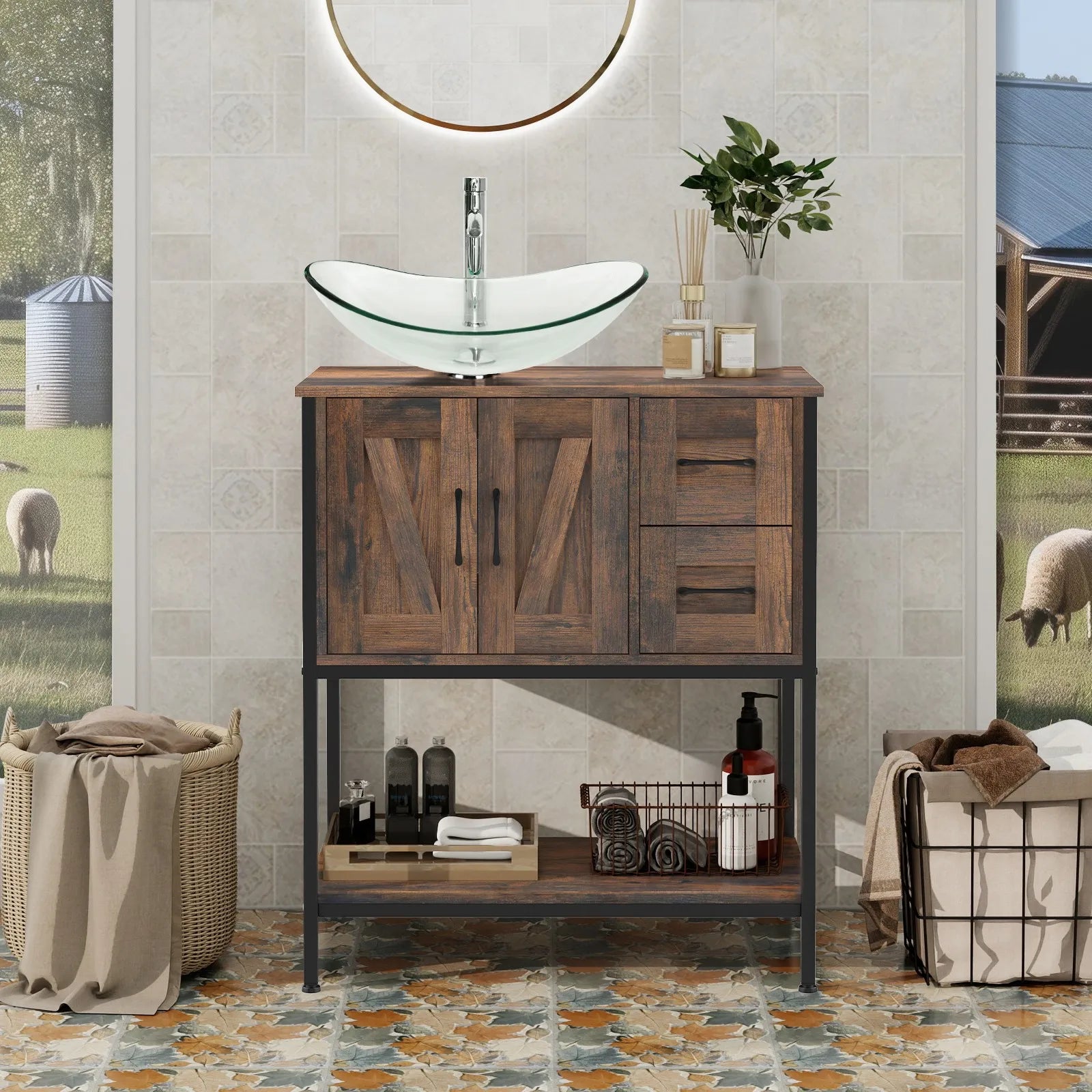 30" Modern Bathroom Vanity with Vessel Sink, 2 Drawers & Open Shelf