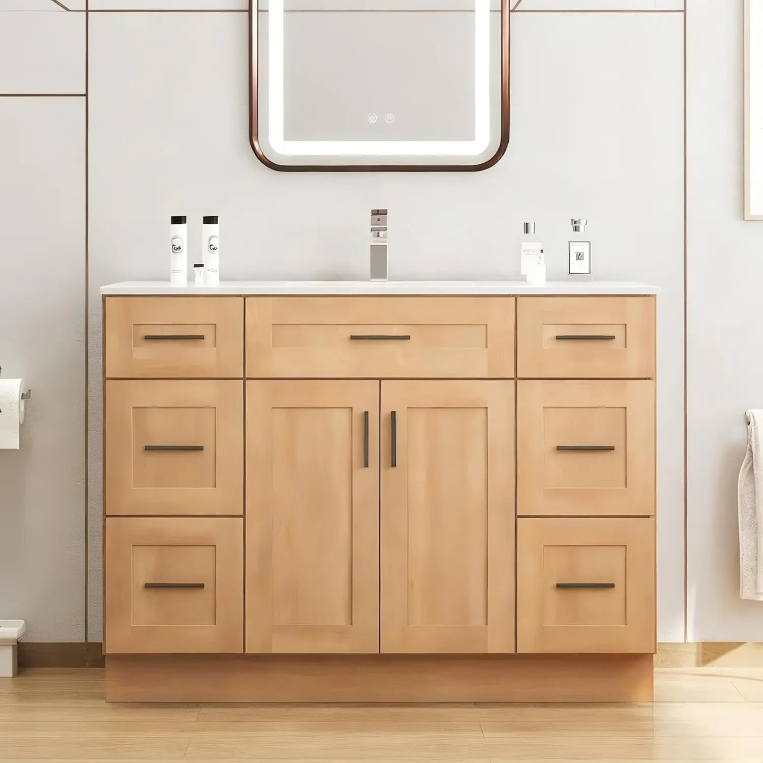 48" Solid Wood Bathroom Vanity with Ceramic Sink and 6 Drawers