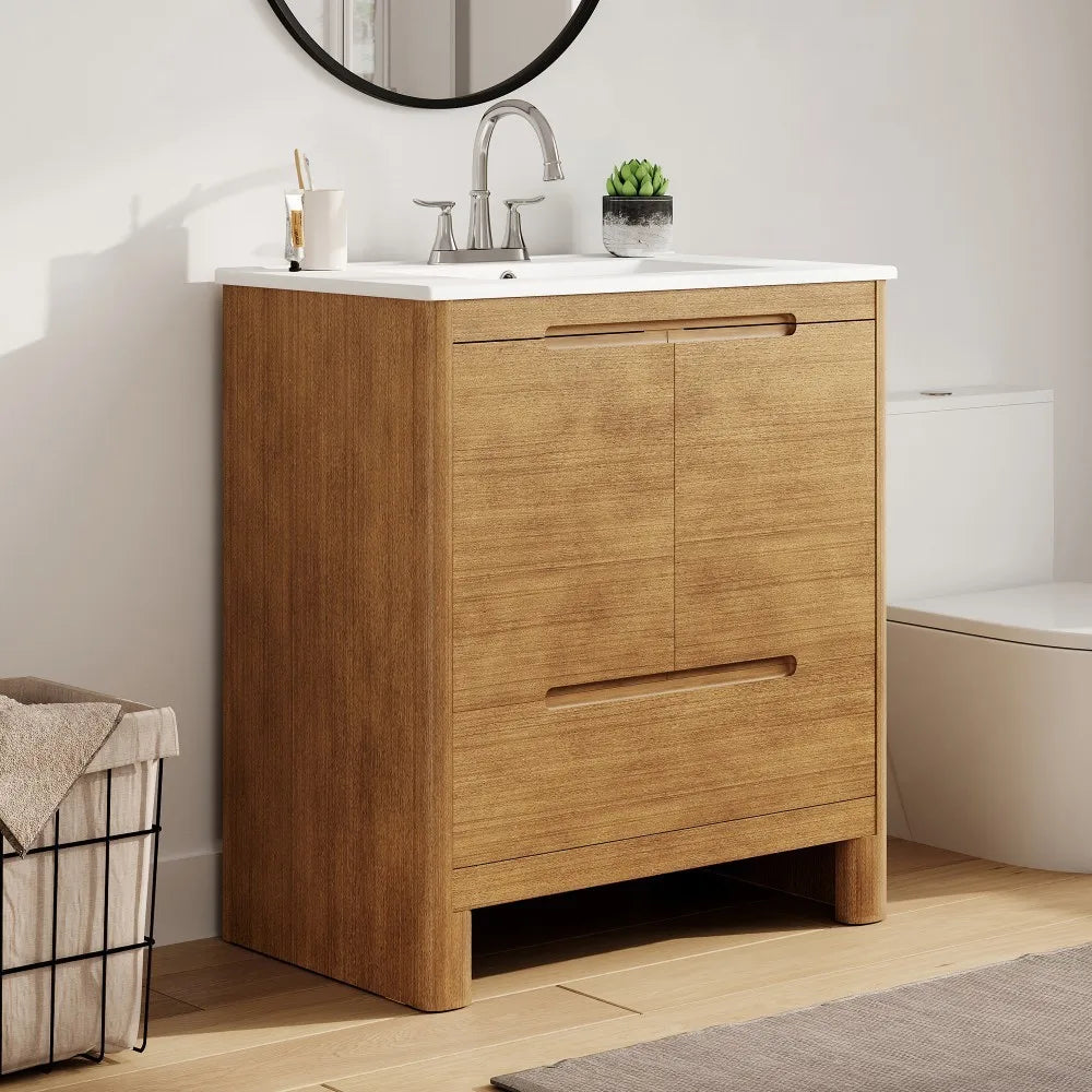 30" Modern Bathroom Vanity with Ceramic Sink, Natural Wood Grain