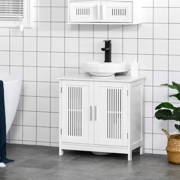 White Bathroom Vanity Cabinet with Ceramic Basin & Adjustable Shelf