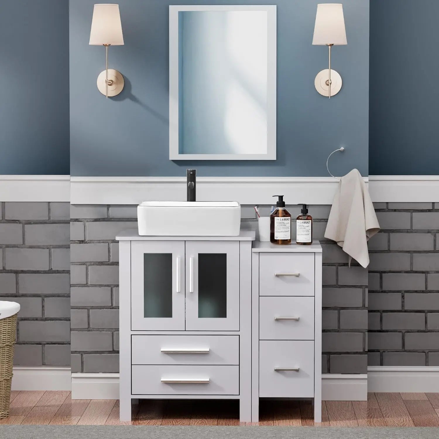 36" Grey Bathroom Vanity with Vessel Sink and Side Drawers