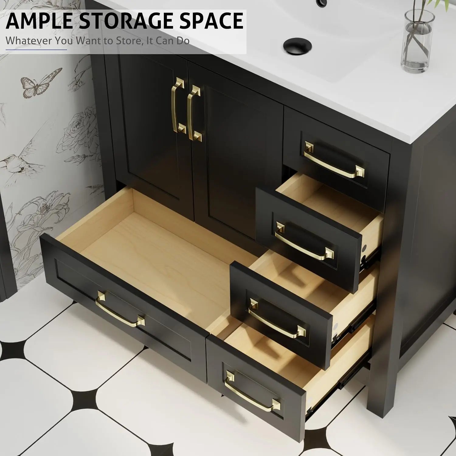 36" Black Bathroom Vanity with Undermount Sink and Matte Black Faucet