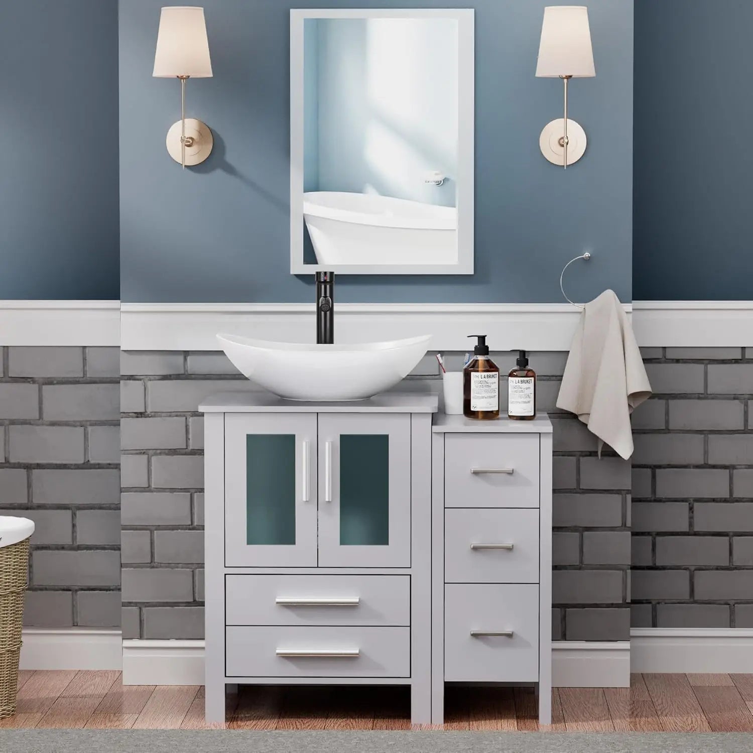 36" Grey Bathroom Vanity with Vessel Sink and Side Drawers