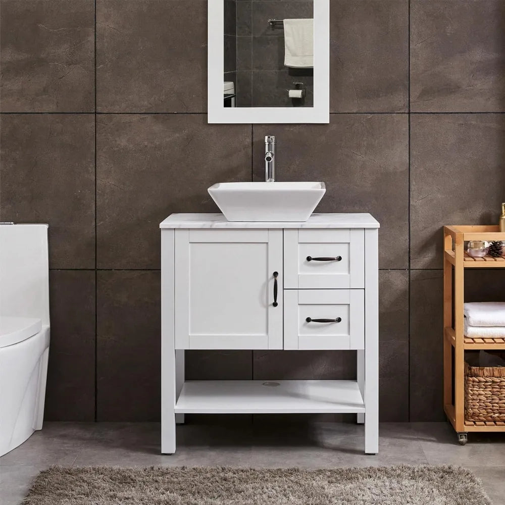 30" White Bathroom Vanity with Vessel Sink, Faucet, and Mirror