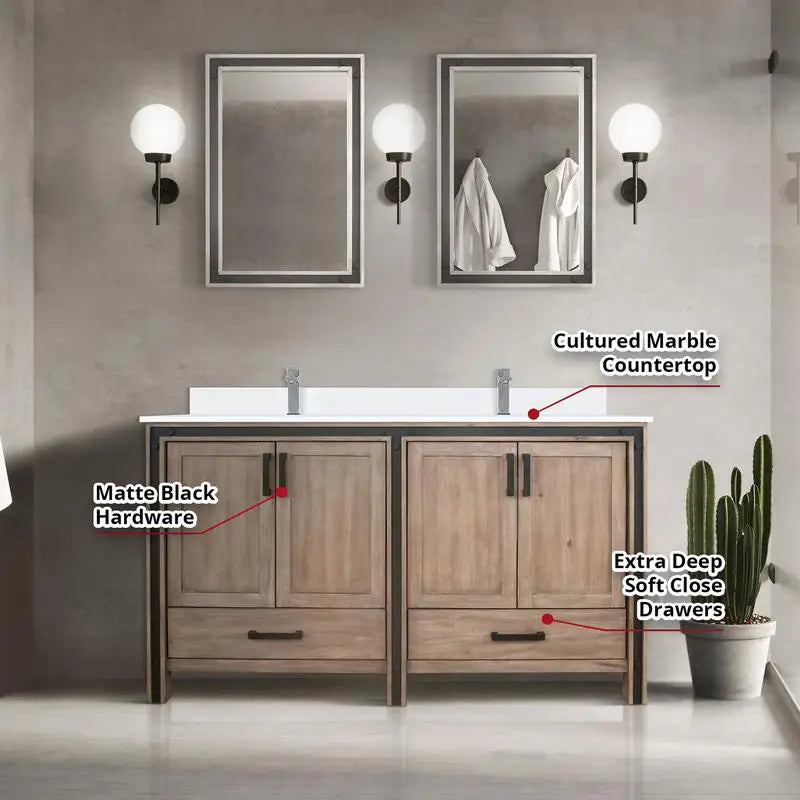 60" Rustic Double Bathroom Vanity with Marble Top and Mirrors