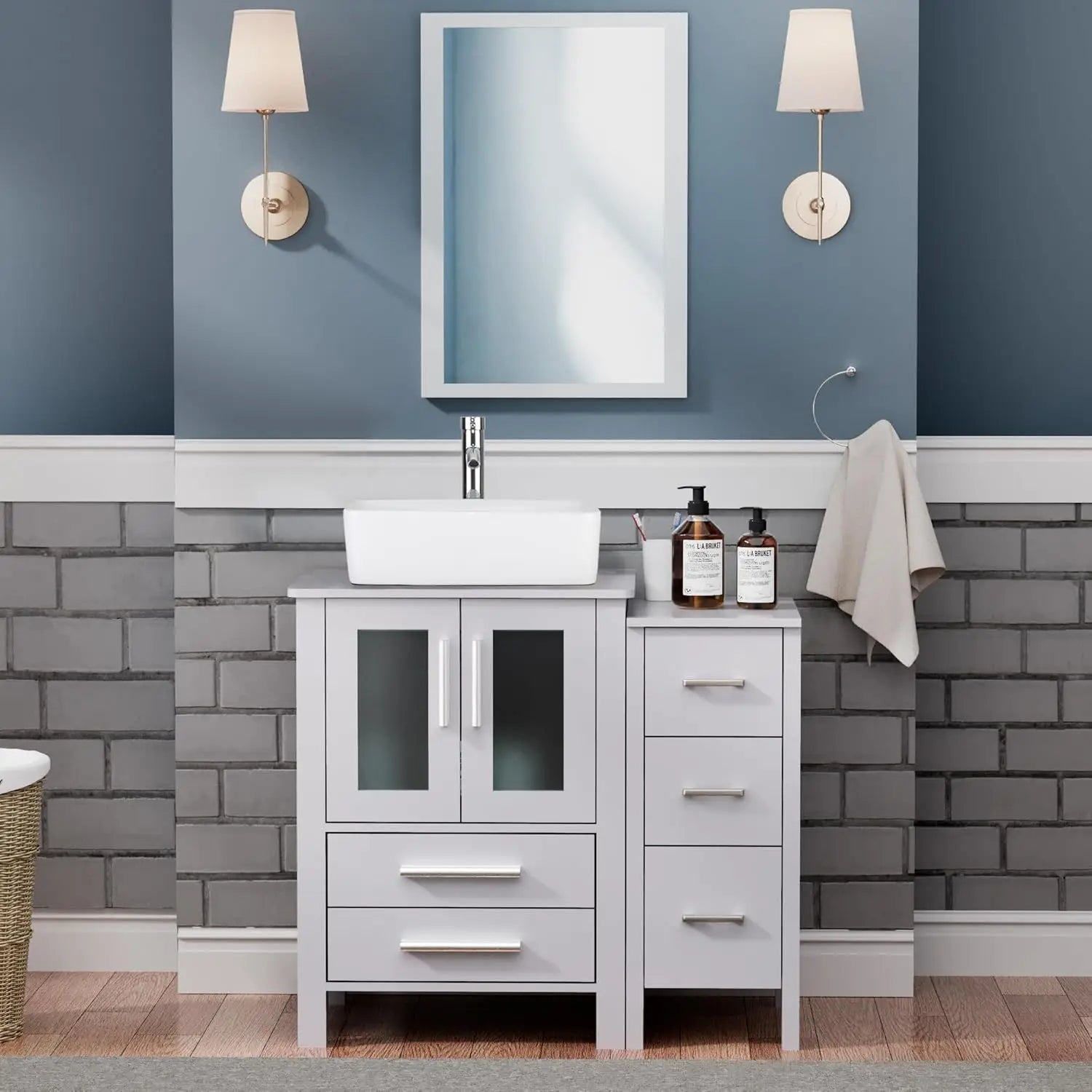36" Grey Bathroom Vanity with Vessel Sink and Side Drawers